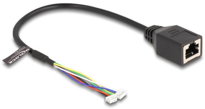 'Loxone Link to Netzwerk RJ45 Adapter' zeigt einen Kabeladapter mit einem RJ45-Stecker an einem Ende und mehreren farbigen Litzen am anderen.