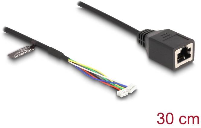Schwarzes 30 cm langes Kabel mit RJ45-Stecker auf der einen und offenliegenden farbigen Drähten auf der anderen Seite.