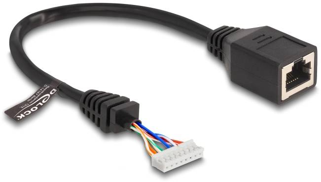 Ein schwarzes Kabel mit einem RJ45-Netzwerkstecker an einem Ende und einem 8-poligen Steckverbinder am anderen Ende.