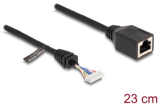 Schwarzes Netzwerkkabel, 23 cm lang, mit RJ45-Stecker auf einer Seite und offenem Kabelende mit farbigen Drähten auf der anderen.