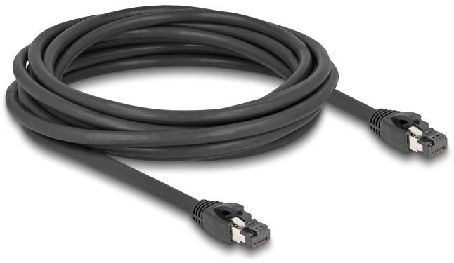 Schwarzes Ethernet-Kabel mit RJ45-Steckern an beiden Enden, geeignet für Netzwerkverbindungen.