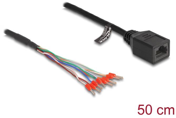 Netzwerkkabel mit einer Länge von 50 cm, links mit offenen Adern, rechts mit RJ45-Stecker.