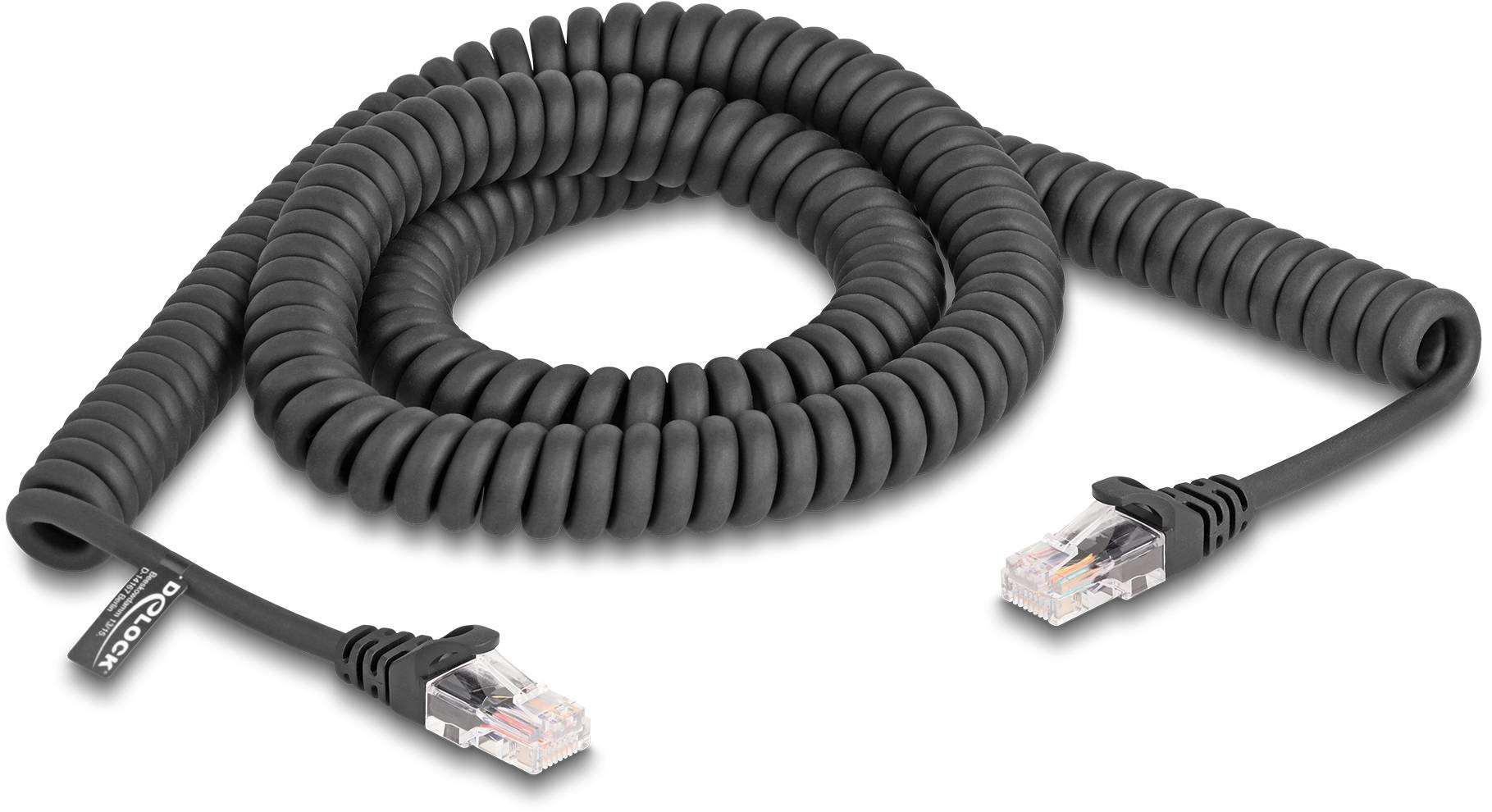 Ein schwarzes, spiralförmiges Netzwerk-Patchkabel mit zwei transparenten RJ45-Steckern an den Enden; geeignet für Ethernet-Verbindungen.