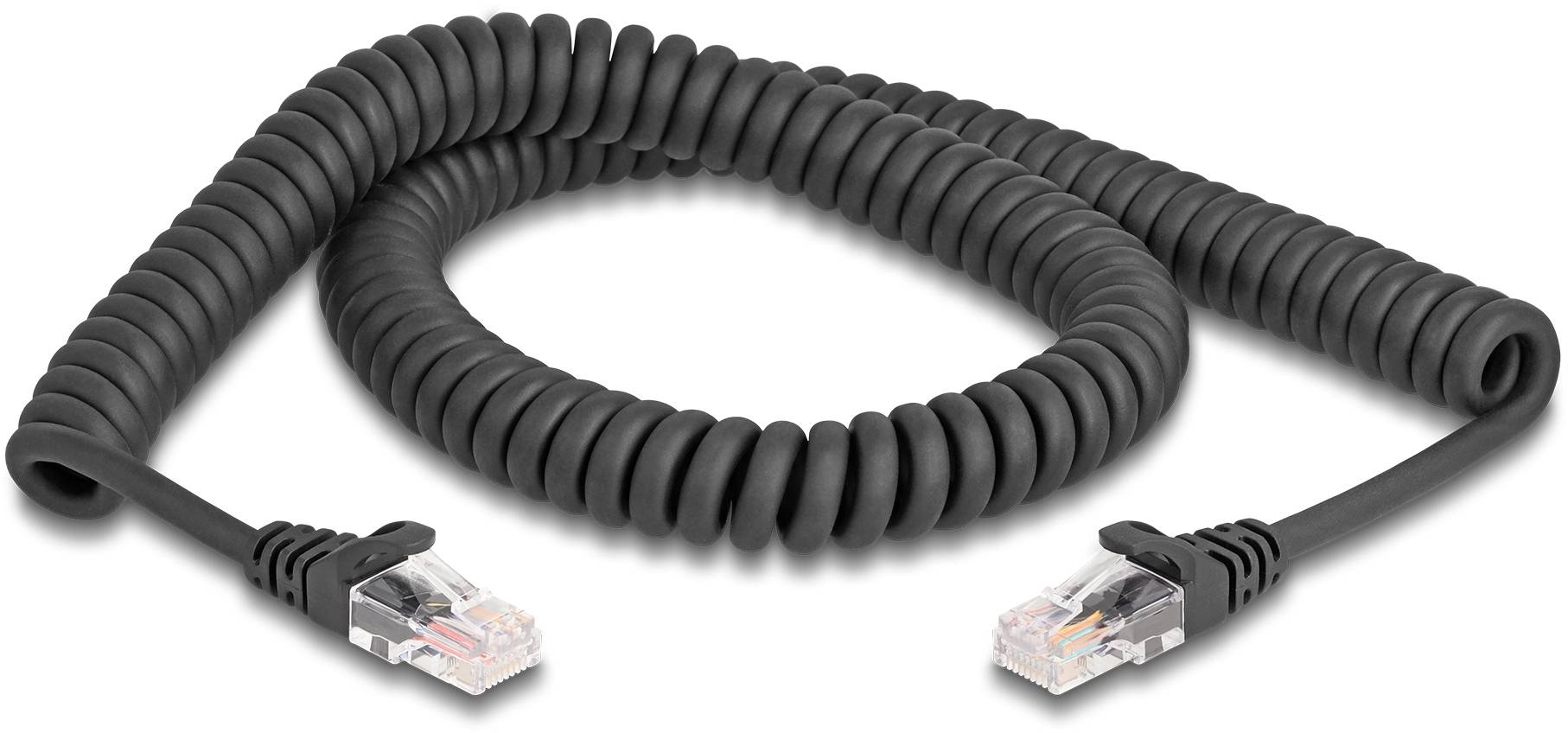 Ein schwarzes, spiralförmiges Ethernet-Kabel mit zwei transparenten RJ45-Steckern.