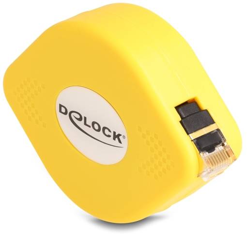 Ein gelbes, quadratisches Netzwerkkabel-Tool mit RJ45-Stecker an der Seite, Marke 'Delock', zum Testen oder Messen von Kabeln.
