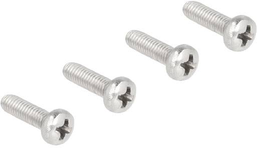 Vier silberne Kreuzschlitzschrauben in einer Reihe auf weißem Hintergrund, zeigen verschiedene Längen und Größen.