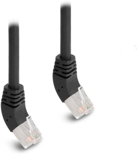 Ein schwarzes Ethernet-Kabel mit zwei transparenten RJ45-Steckern an den Enden, geeignet für Netzwerkverbindungen.
