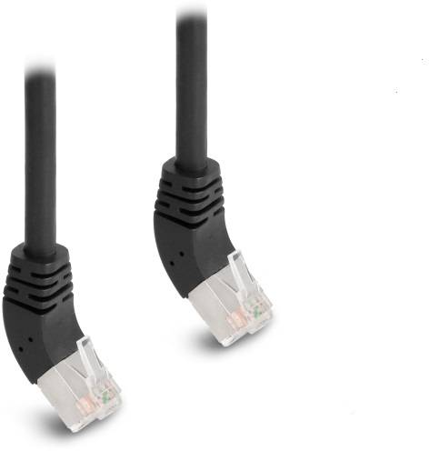 Zwei schwarze Ethernet-Kabel mit durchsichtigen RJ45-Steckern, die auf einem weißen Hintergrund liegen.