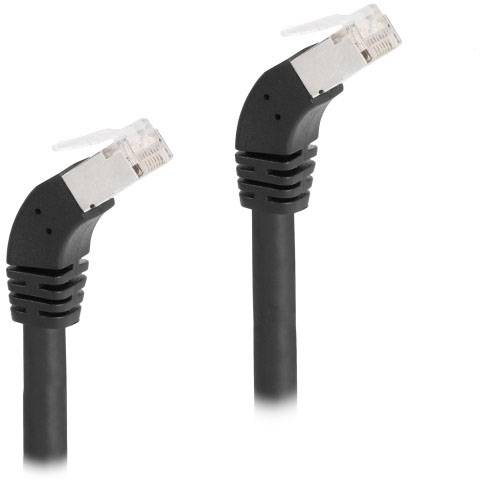 Zwei schwarze Ethernet-Kabel mit abgewinkelten Steckern, die nach oben zeigen. Geeignet für enge Raumverhältnisse.
