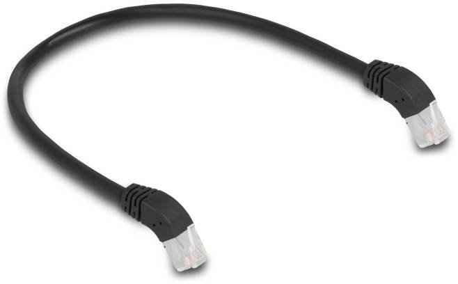 Schwarzes Ethernet-Kabel mit zwei RJ45-Steckern an den Enden, geeignet für Netzwerkverbindungen.