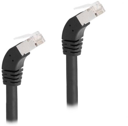 Zwei Ethernet-Kabel mit abgewinkelten Steckern, zeigen unterschiedliche Winkel. Geeignet für enge Räume hinter Geräten.