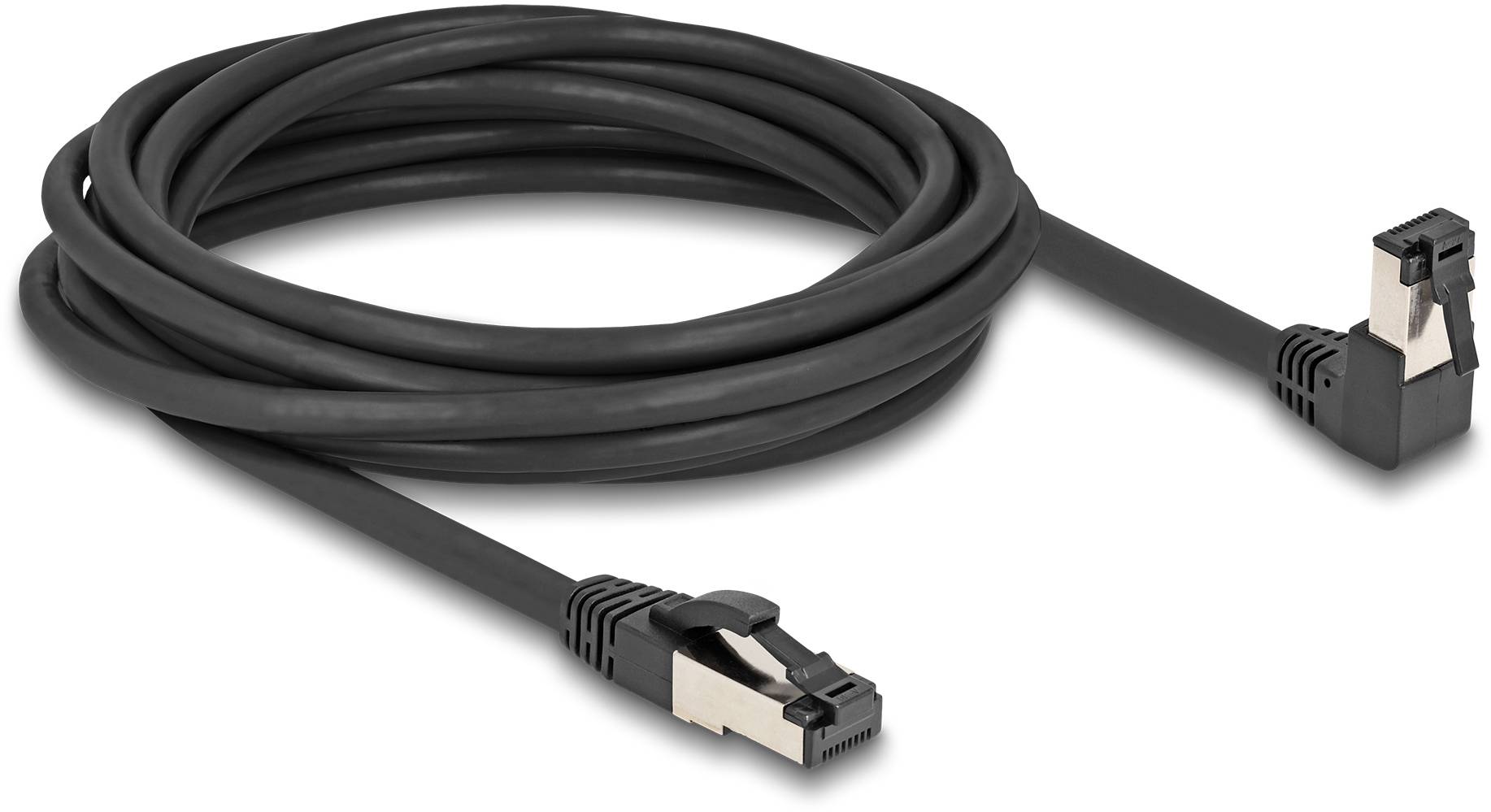 Schwarzes Ethernet-Kabel mit RJ45-Steckern auf beiden Enden, geeignet für Netzwerkverbindungen.