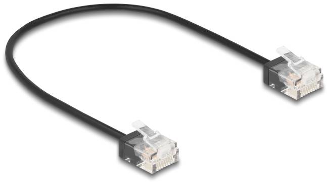 Ein schwarzes Ethernet-Kabel mit zwei RJ45-Steckern an den Enden, geeignet für Netzwerkverbindungen.