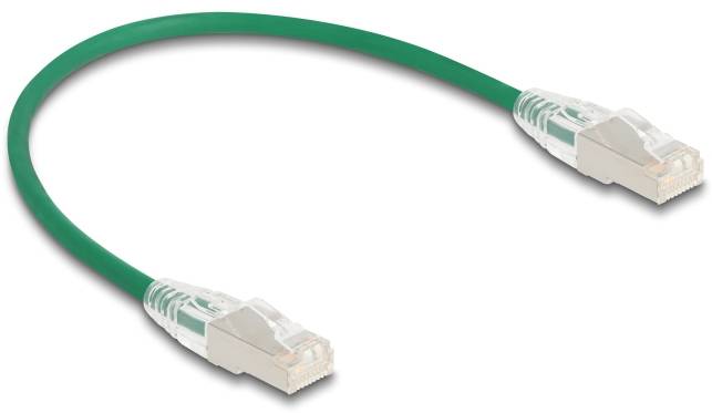 Grünes Ethernet-Kabel mit zwei Steckern, zeigt Netzwerkverbindungen oder technische Ausrüstung.