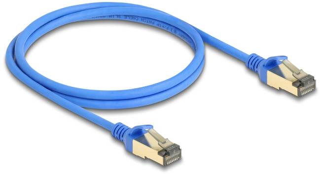 Ein blaues Ethernet-Kabel mit zwei Steckern, geeignet für Netzwerkverbindungen.