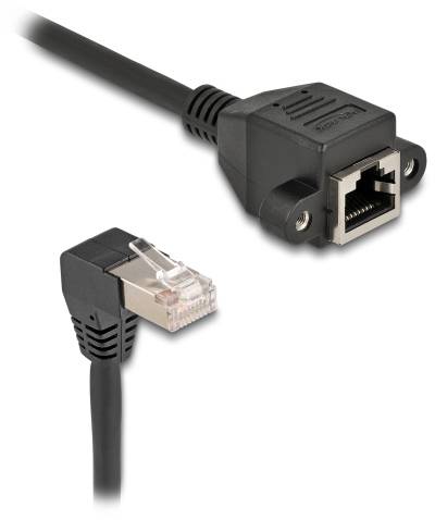 Ein schwarzes Ethernet-Kabel mit Stecker und Buchse, geeignet für Netzwerkanwendungen.