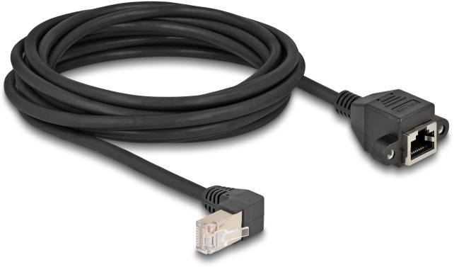 Langes schwarzes Ethernet-Kabel mit einem männlichen und einem weiblichen RJ45-Stecker, geeignet für Netzwerkverbindungen.