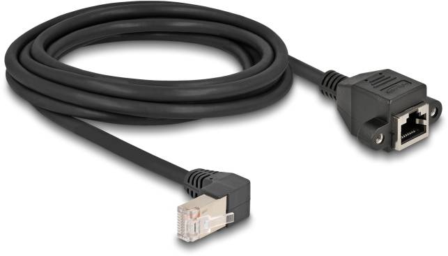 Schwarzes Ethernet-Kabel mit abgewinkeltem RJ45-Stecker auf einer Seite und einer RJ45-Kupplung auf der anderen. Ideal für Netzwerkverbindungen.