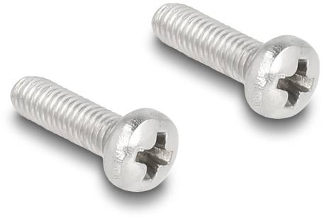 Zwei silberne Kreuzschlitzschrauben aus Metall, nebeneinander liegend, auf einem weißen Hintergrund.