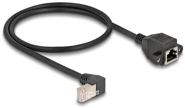 Schwarzes Ethernet-Kabel mit einem standardisierten RJ45-Stecker und einer weiblichen Buchse, für Netzwerkanbindungen.