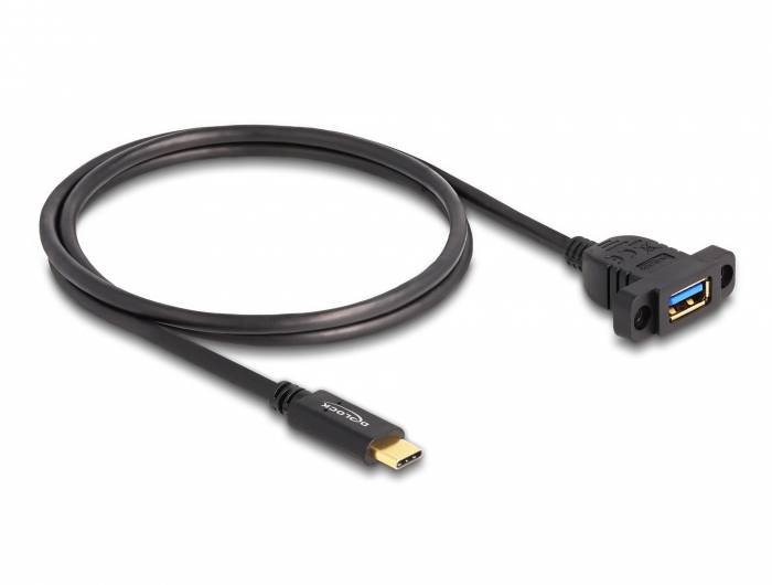 Schwarzes USB-C-auf-USB 3.0-Kabel. Links ist der USB-C-Stecker, rechts der USB 3.0-Anschluss mit Montagehalterung.