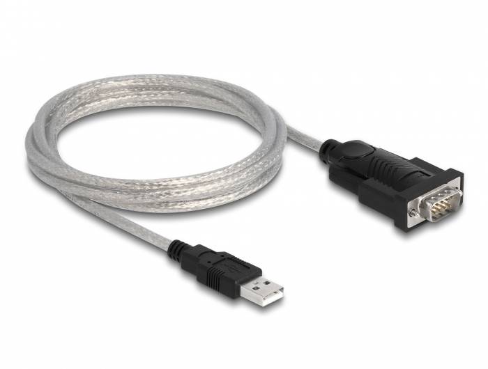 Ein silbernes USB-zu-Seriell-Kabel, das zur Verbindung von Computern mit seriellen Geräten verwendet wird.