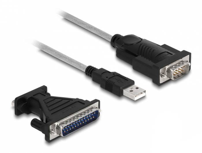 Zwei Computerkabel: eines mit USB-Anschluss und eines mit einem parallelen und einem VGA-Anschluss, zeigen Konnektivitätsoptionen.