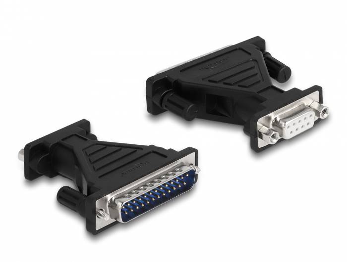 Zwei schwarze Adapter; links ein 25-poliger Stecker und rechts ein 9-poliger Stecker. Adapter zeigen verschiedene Anschlussarten.