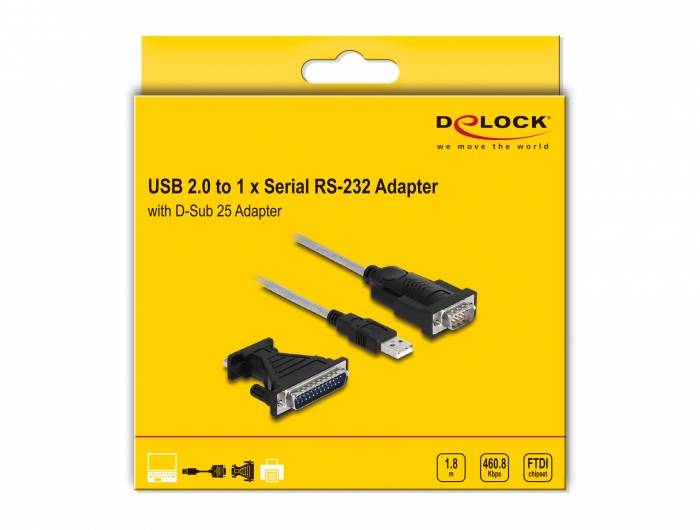 Verpackung eines Delock USB 2.0 zu 1 x Serial RS-232 Adapters mit D-Sub 25 Adapter, gelber Hintergrund, Abbildungen der Anschlüsse.