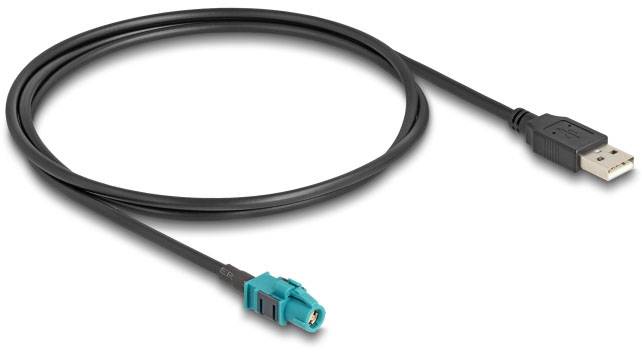 Ein schwarzes USB-Kabel mit einem Standard-USB-Stecker auf einer Seite und einem speziellen blauen Stecker auf der anderen Seite.