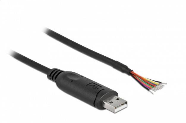 Ein USB-Kabel mit offen liegenden, farbigen Drähten am Ende, zeigt die interne Struktur eines USB-Anschlusses.