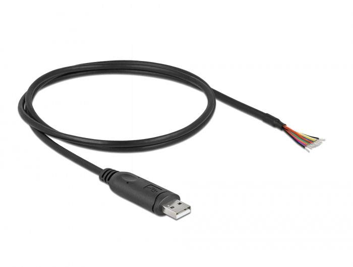 USB-Kabel mit offenen Enden und freiliegenden farbigen Drähten, zeigt Anschlussmöglichkeiten und internes Design.