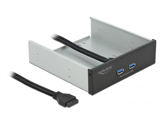 Auf dem Bild ist ein Einbaurahmen zu sehen, der zwei USB 3.0-Anschlüsse bietet. Er wird mit einem Kabel verbunden, das innen angeschlossen wird.