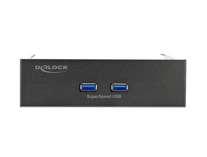 Frontansicht eines schwarzen Delock USB 3.0 Hubs mit zwei blauen USB-Anschlüssen. Aufschrift: SuperSpeed USB.