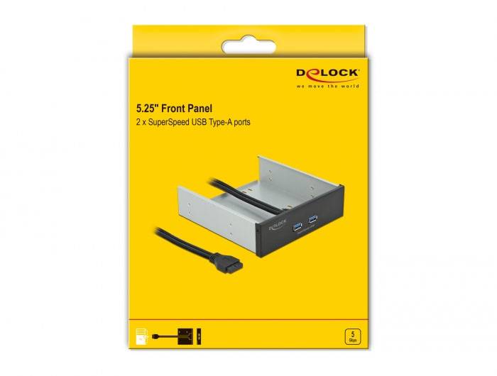 Verpackung eines 5,25-Zoll-Frontpaneels mit 2 SuperSpeed USB Type-A Anschlüssen von Delock, gelber Hintergrund, Produktabbildung.