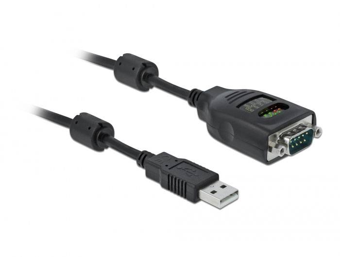 USB-zu-Seriell-Adapter, USB-Stecker links, serieller RS-232-Stecker rechts, schwarzes Kabel mit Ferritkernen an beiden Enden.