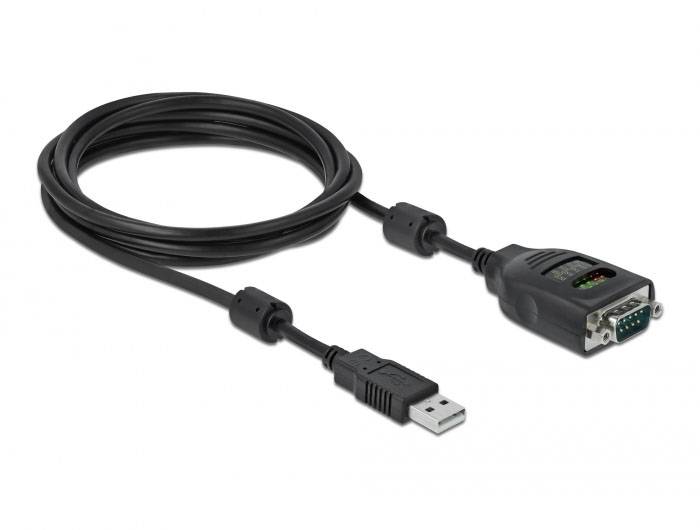 Ein schwarzes USB-zu-Seriell-Kabel mit einem USB-Stecker auf der einen Seite und einem seriellen RS-232-Stecker auf der anderen.