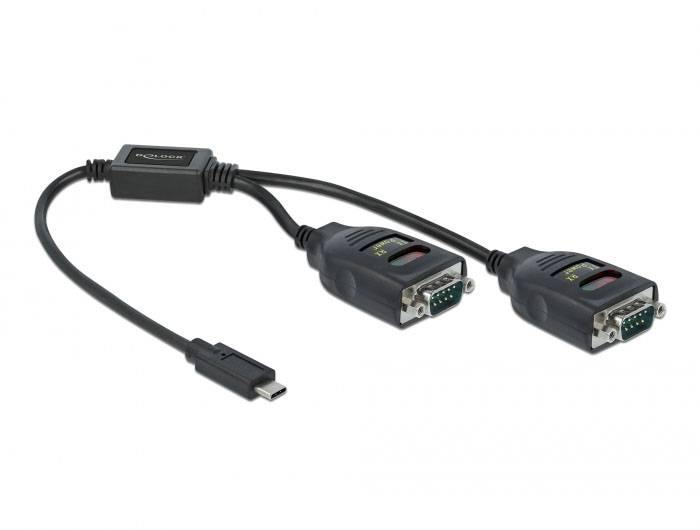 'Prolific' USB-auf-Doppel-Seriell-Adapterkabel, zeigt USB-Anschluss und zwei serielle Anschlüsse zur Verbindung älterer Geräte.