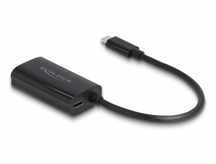 Ein schwarzer Adapter mit USB-C-Stecker und HDMI-Ausgang von der Marke Dolock. Der Adapter ist an einem kurzen Kabel befestigt.