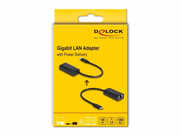 Gelbe Verpackung für Delock Gigabit LAN Adapter mit Power Delivery. Zeigt Adapter mit USB- und Ethernet-Anschluss, Modellabbildung.