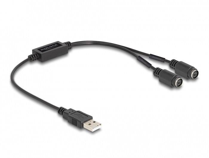 Schwarzes USB-Kabel mit einem Anschluss an einem Ende und zwei runden PS/2-Steckern am anderen Ende, geeignet für Tastatur und Maus.