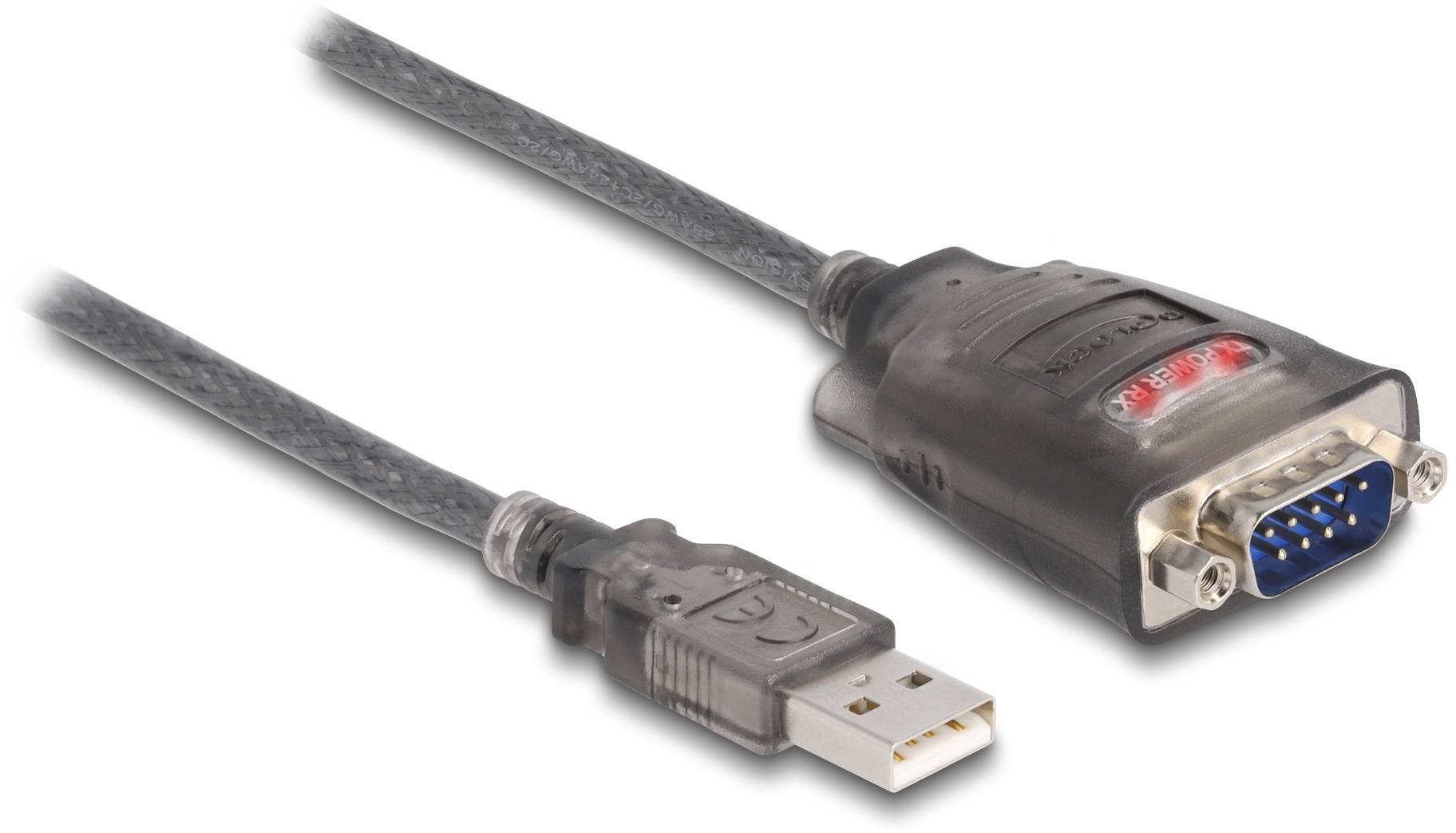 USB-zu-Seriell-Adapterkabel mit USB-Stecker links und RS-232-Stecker rechts.