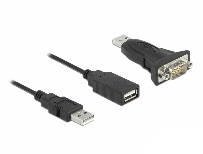 'USB zu Seriell-Adapter' und zwei Arten von USB-Kabeln: ein männlicher USB-Stecker und eine weibliche USB-Buchse.