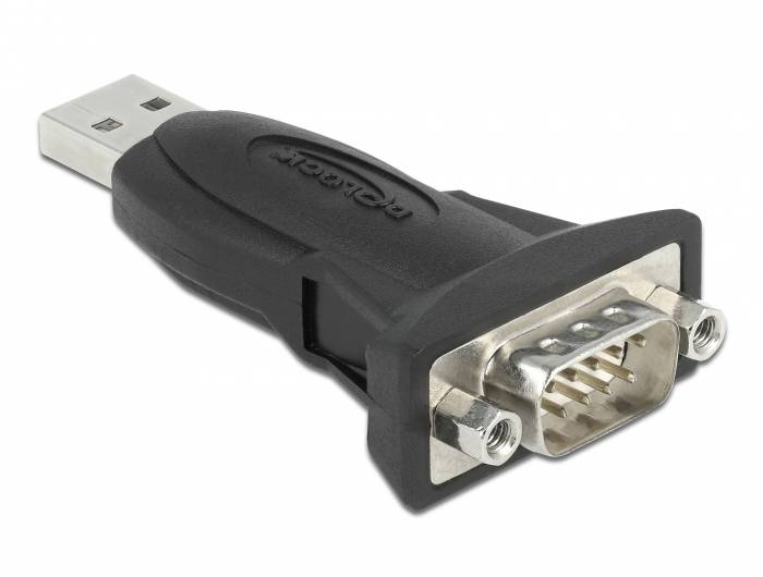 Ein USB-zu-Seriell-Adapter mit schwarzem Gehäuse und silbernen Anschlüssen, verwendet zum Anschluss serieller Geräte an USB-Ports.