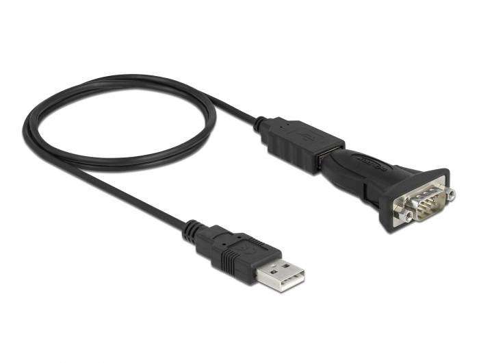 Ein USB-zu-Seriell-Adapter mit schwarzem Kunststoffgehäuse, geeignet zum Verbinden älterer Geräte mit moderneren USB-Anschlüssen.