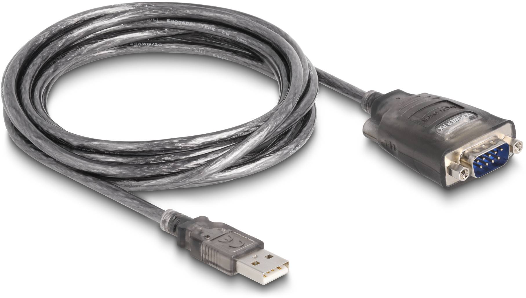 Ein USB-zu-RS232-Adapterkabel mit einem USB-Anschluss auf der linken Seite und einem seriellen RS232-Stecker auf der rechten Seite.