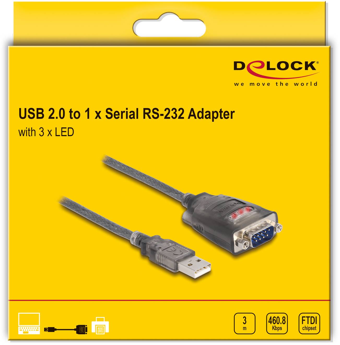 'USB 2.0 to 1 x Serial RS-232 Adapter' mit 3 LED-Anzeigen; Länge 3 m; Datenrate 460,8 Kbps; FDTI Chip. Verpackung zeigt Adapter und Kabel.