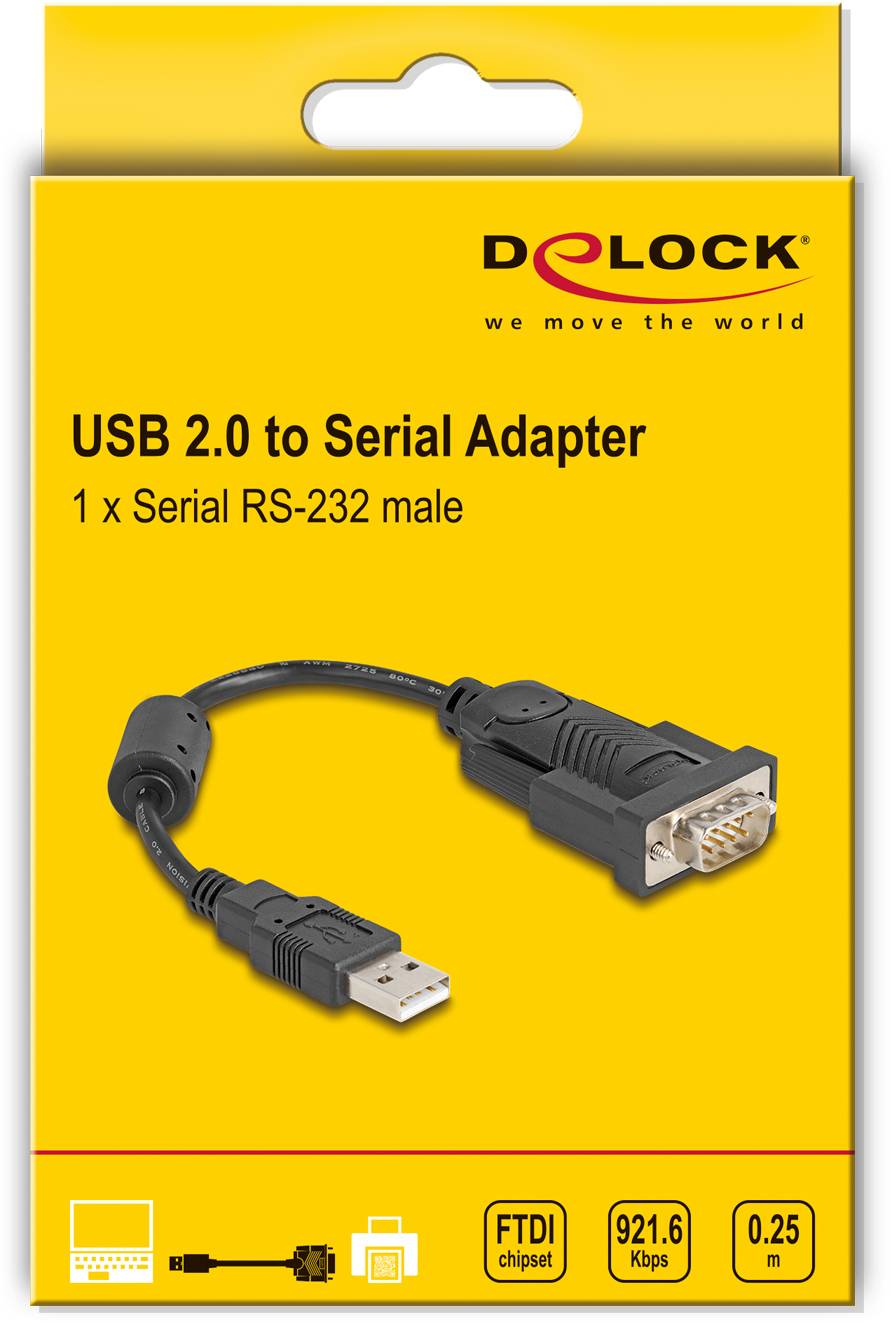 'USB 2.0 to Serial Adapter' Verpackung zeigt einen Adapterkabel mit USB- und seriellen RS-232-Steckern, geeignet für 921.6 Kbps.