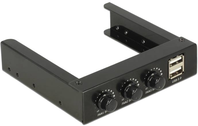 Schwarzer Lüftercontroller mit drei Drehreglern und zwei USB-2.0-Anschlüssen, geeignet für den internen PC-Einbau.