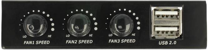 Schwarze Frontblende mit drei Lüfterdrehreglern 'Fan1 Speed', 'Fan2 Speed', 'Fan3 Speed' und zwei USB 2.0-Anschlüssen.